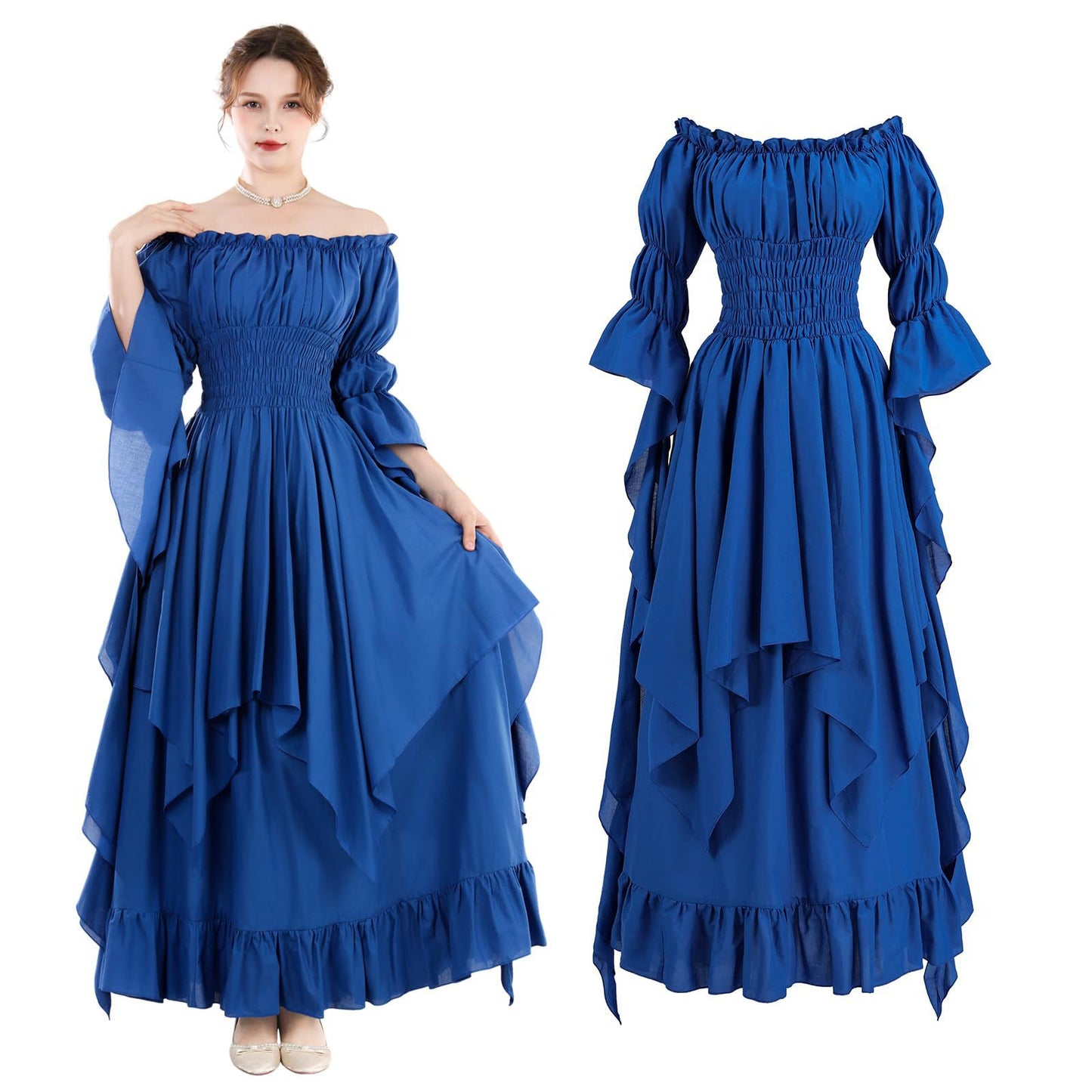 Medieval Renaissance Peasant Dress – Off-Shoulder Smocked Waist Hi-Lo Ruffle Gown | 9 Colors