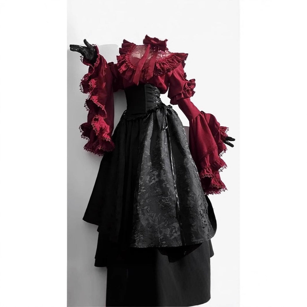 Halloween Gothic Lolita Two-Piece Set – Princess Sleeve Shirt & Corset Skirt (S–XL)