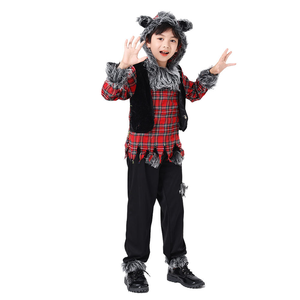 Kids' Werewolf Halloween Costume – Plaid Shirt & Pants with Faux Fur Trim | Unisex | Heights 105–145 cm