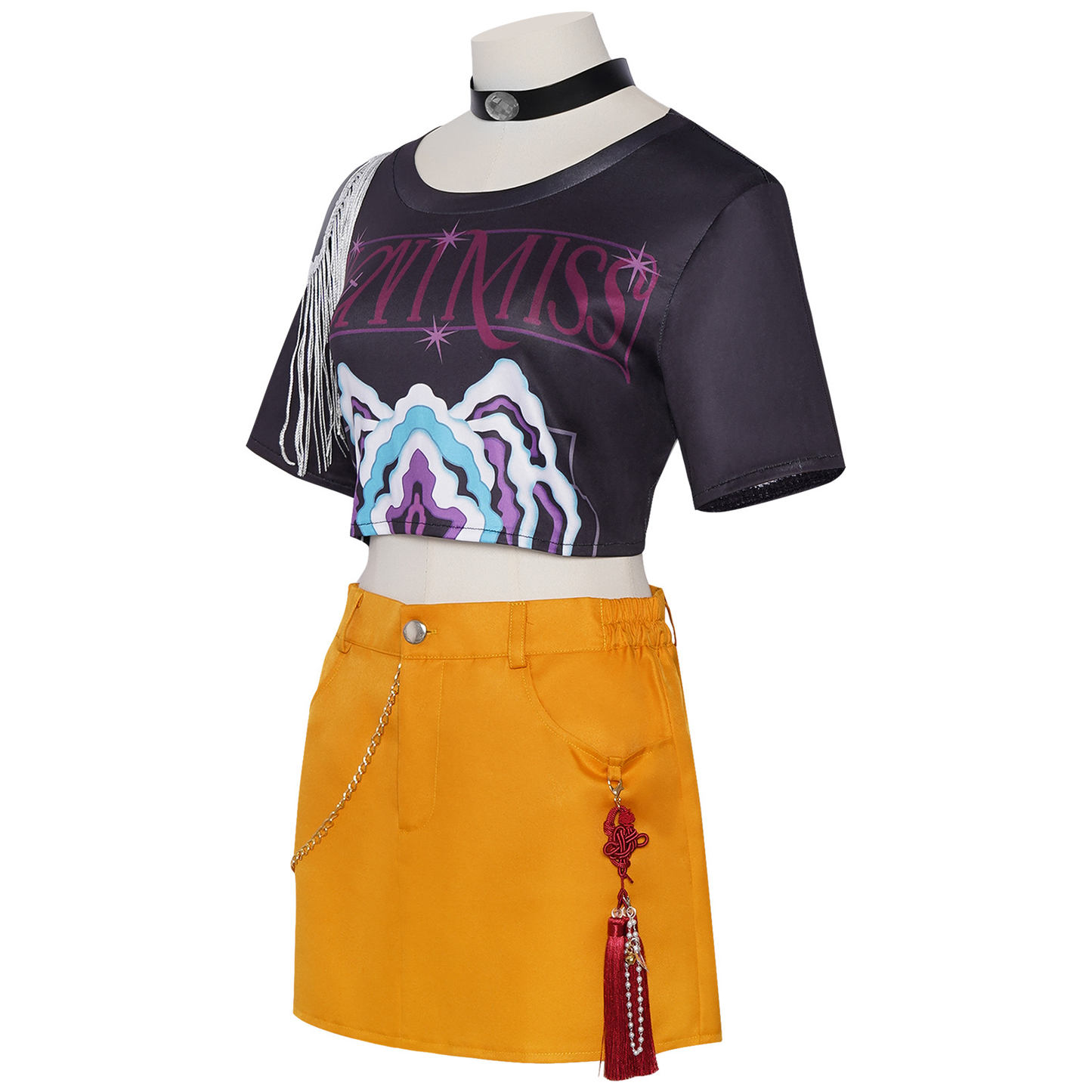 Mira Cosplay Costume – Witch Hunt | Black Graphic Crop Top, Yellow Mini Skirt, Choker, Fringe & Printed Tights | Kids & Adults