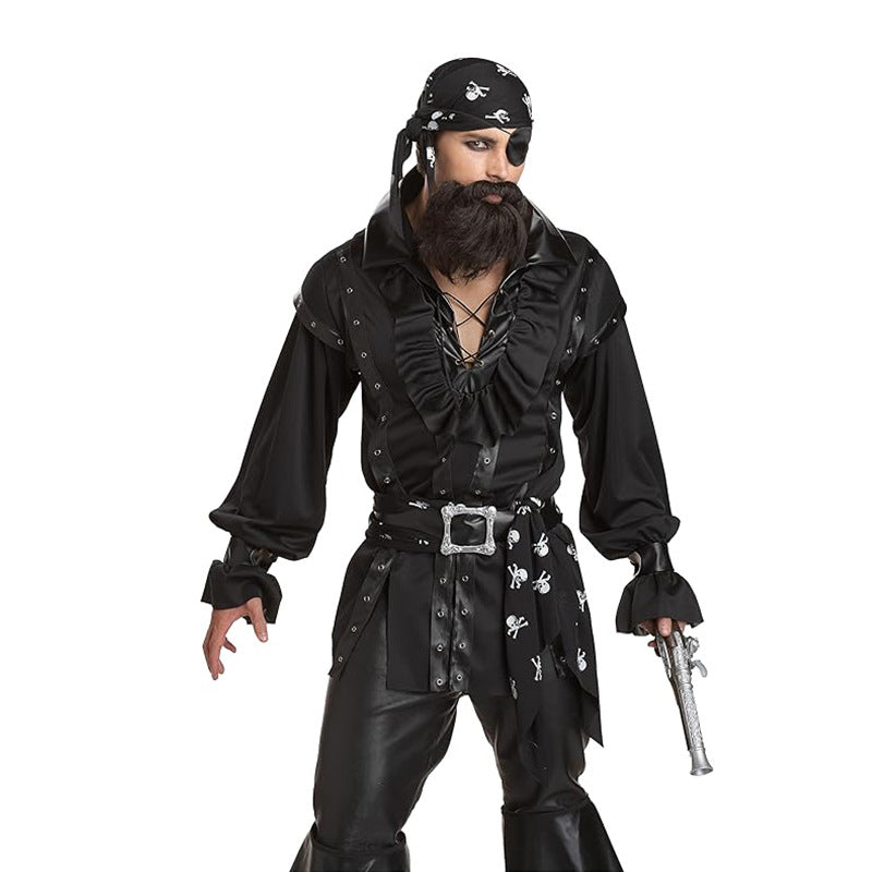 Men's Black Pirate Halloween Costume – Ruffled Shirt, Skull Sash, Bandana, Eye Patch & Belt Set | M–2XL