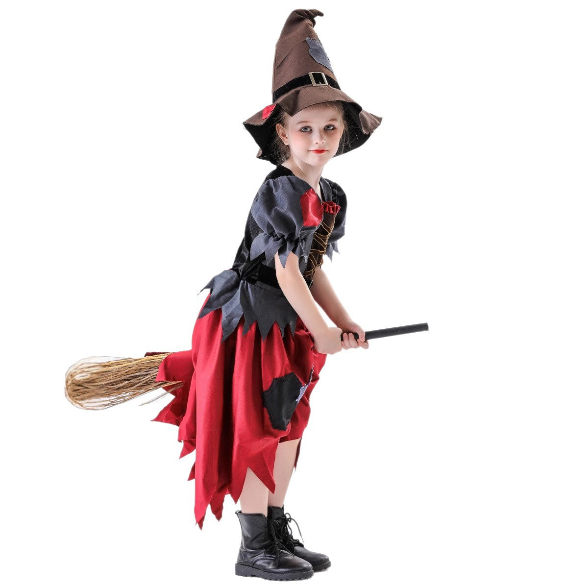 Girls' Ragged Witch Halloween Costume Set – Grey & Red Patchwork Dress with Jagged Hem & Witch Hat | Heights 120–150 cm
