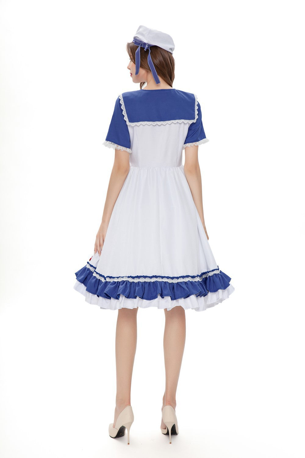 Women's Alice in Wonderland Lolita Cosplay Dress Set – White & Blue Sailor Collar Midi Dress with Ruffle Hem & Beret Hat | S–XL