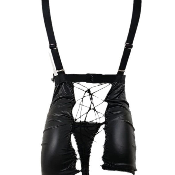 Black PU Leather Lace-Up Halter Mini Dress | Women's Performance Costume