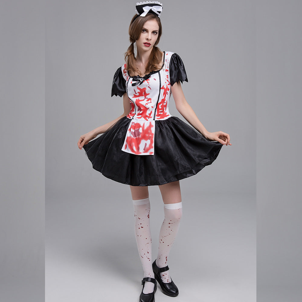 Women's Zombie Maid Halloween Costume – Black Maid Dress with Blood Splatter Apron, Tulle Skirt & Headband | M–XL