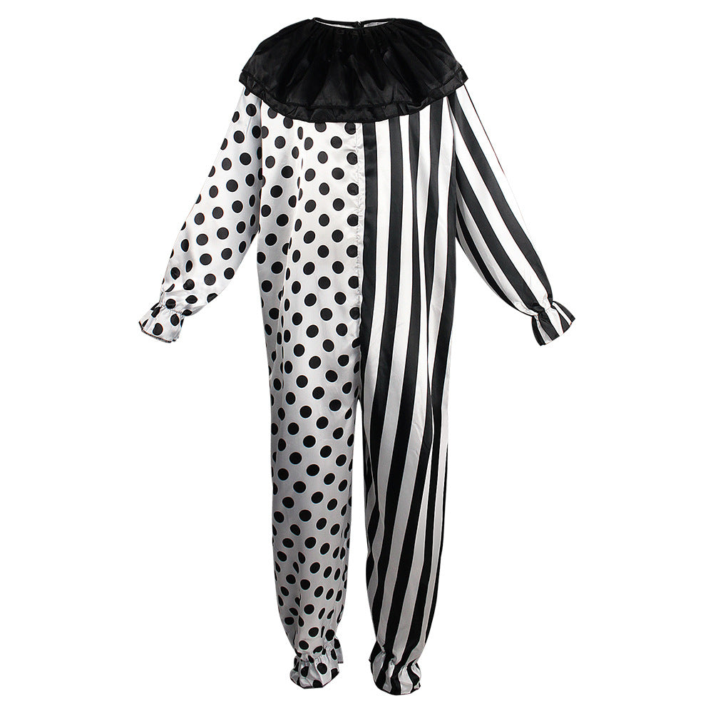Horror Clown Halloween Jumpsuit with Mask – Black & White Polka Dot & Stripe | One Size