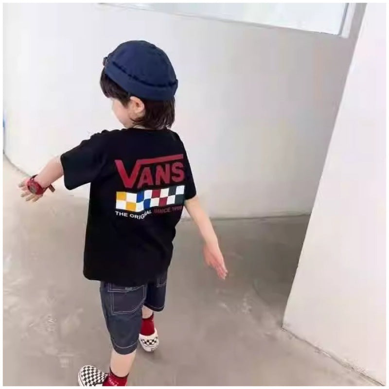 Children's Checkerboard Short Sleeve Casual T-Shirt, Loose Fit for Boys and Girls