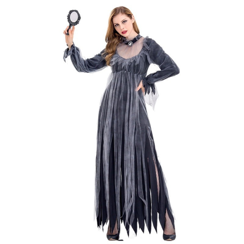 Women's Ghost Bride Halloween Gown – Dark Grey Tattered Mesh Dress with Sheer Sleeves & Jewelled Choker | S–2XL