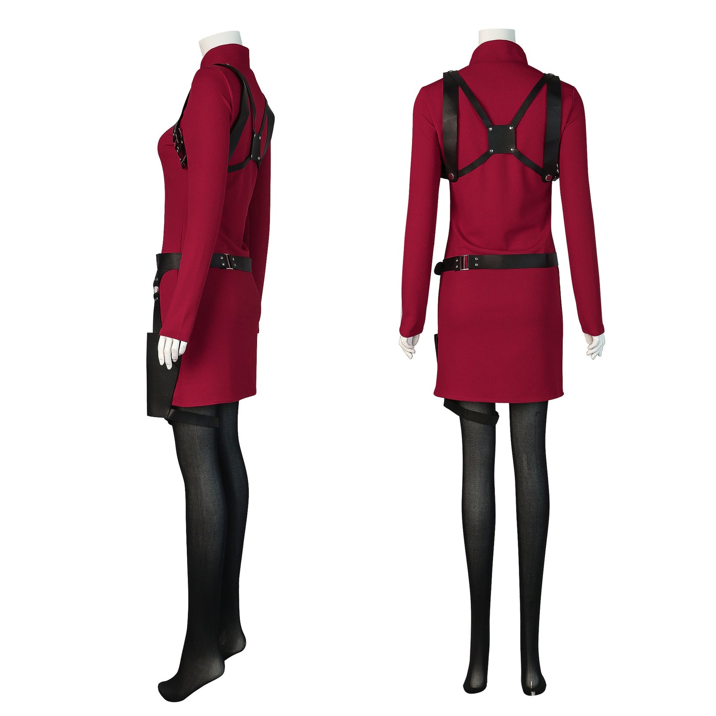 Ada Wong Cosplay Costume – Resident Evil 4 Remake | Dark Red Turtleneck Dress, Tactical Harness, Belt Holster & Socks | XS–3XL
