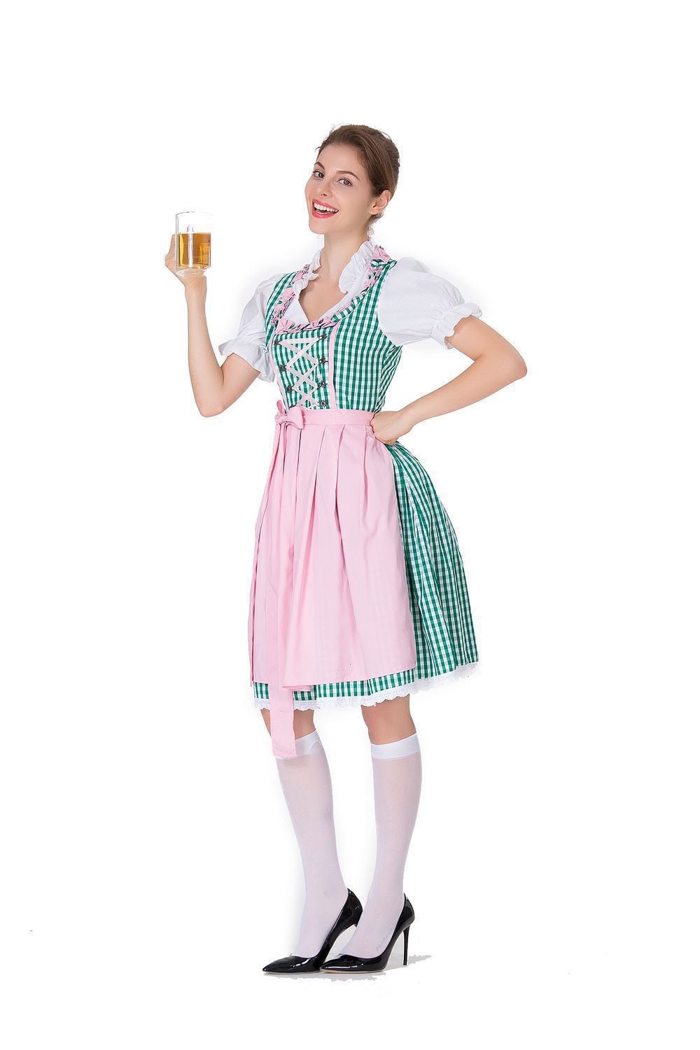 Women's German Oktoberfest Dirndl Costume – Plaid Dress, White Blouse & Apron | 3 Colors | S–3XL