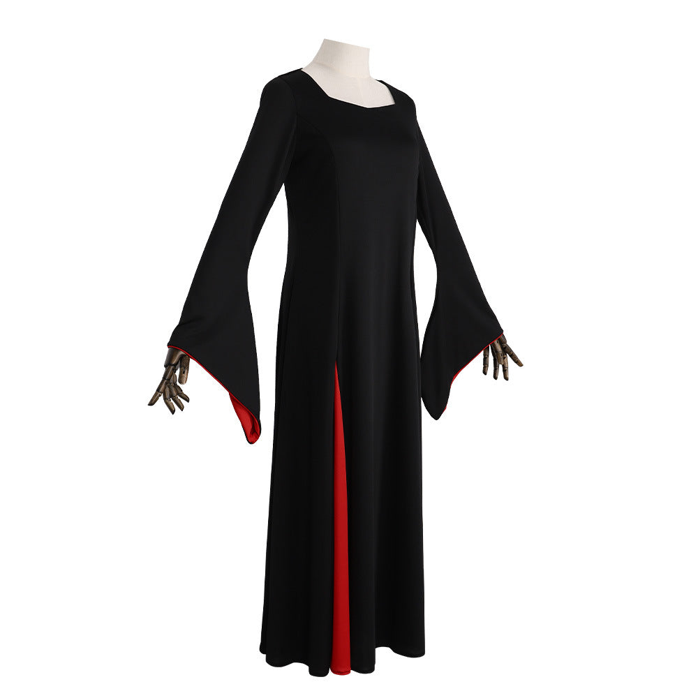 Morticia Addams Cosplay Gown – The Addams Family | Black Floor-Length Dress with Red-Lined Bell Sleeves | S–2XL