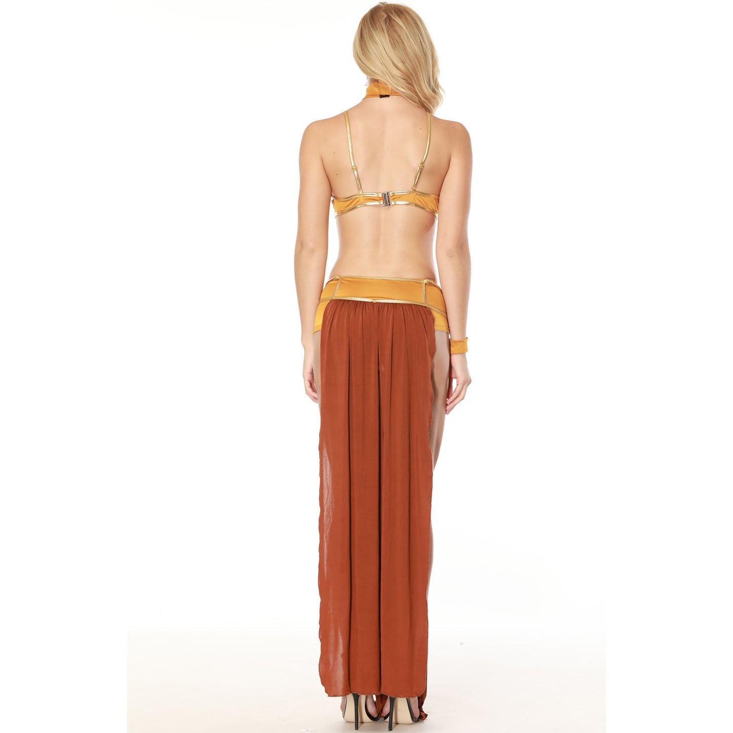 Women's Glamorous Mesh Maxi Dress Set – Bra Top, Long Skirt & Neck Chain | Black & Brown | S–2XL