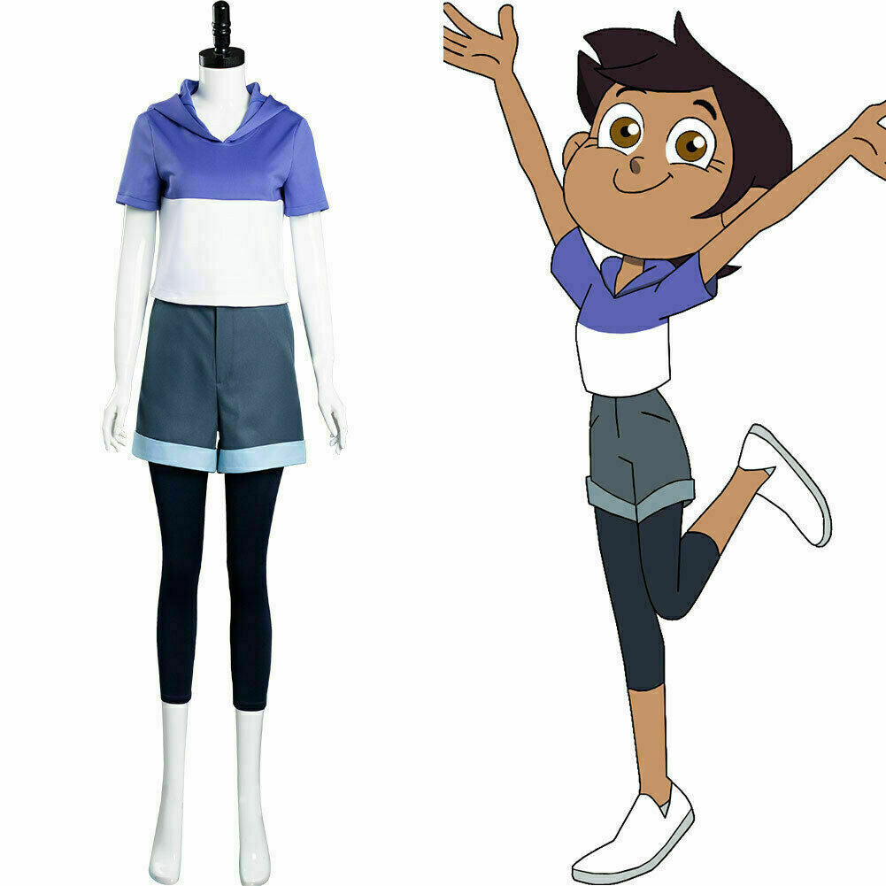 Luz Noceda Cosplay Costume – The Owl House (Disney) | Blue & White Hooded Top, Grey Shorts & Black Leggings | Kids & Adults