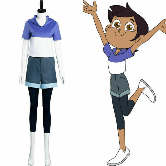 Luz Noceda Cosplay Costume – The Owl House (Disney) | Blue & White Hooded Top, Grey Shorts & Black Leggings | Kids & Adults
