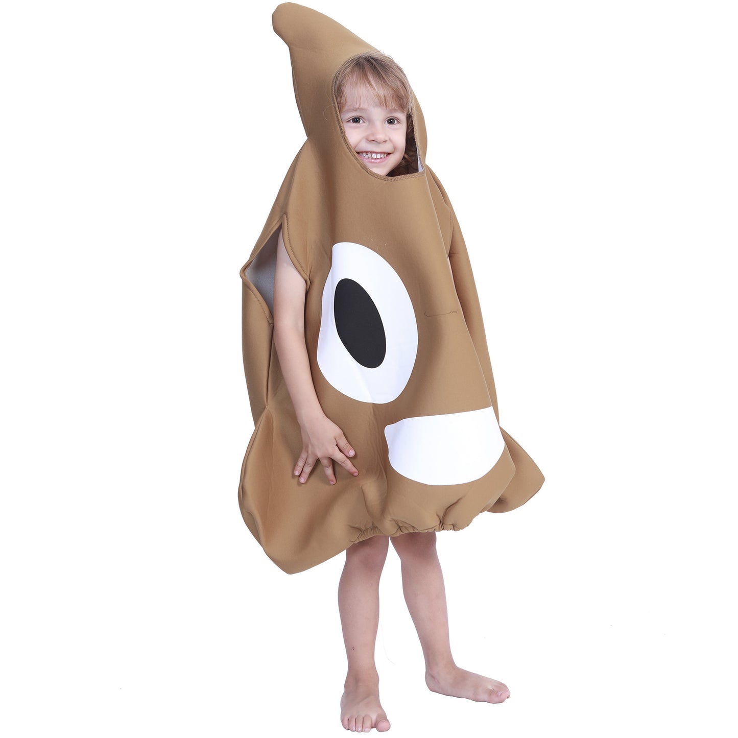 Kids' Poop Emoji Novelty Halloween Costume – Brown Padded Foam Body Suit with Smiling Face & Swirl Hood | One Size (M)