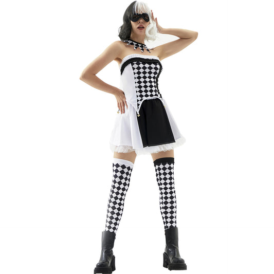 Women's Harlequin Jester Halloween Costume – Black & White Diamond Dress, Socks, Collar & Eye Mask | S–XL