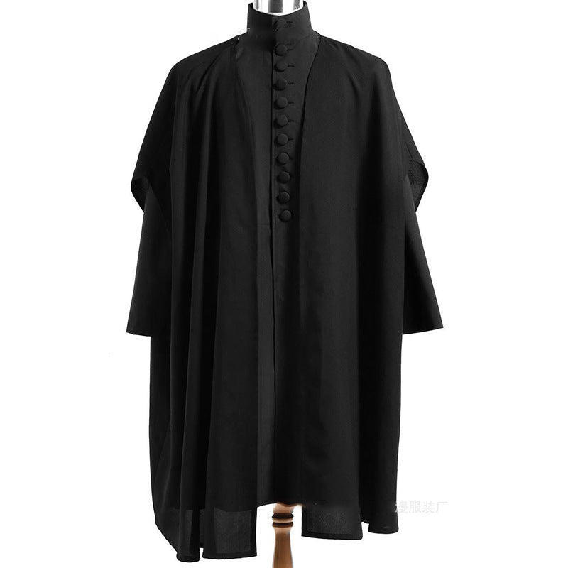 Professor Snape Cosplay Robe – Harry Potter | Black Floor-Length Wizard Robe with Stand Collar & Button Front | S–3XL