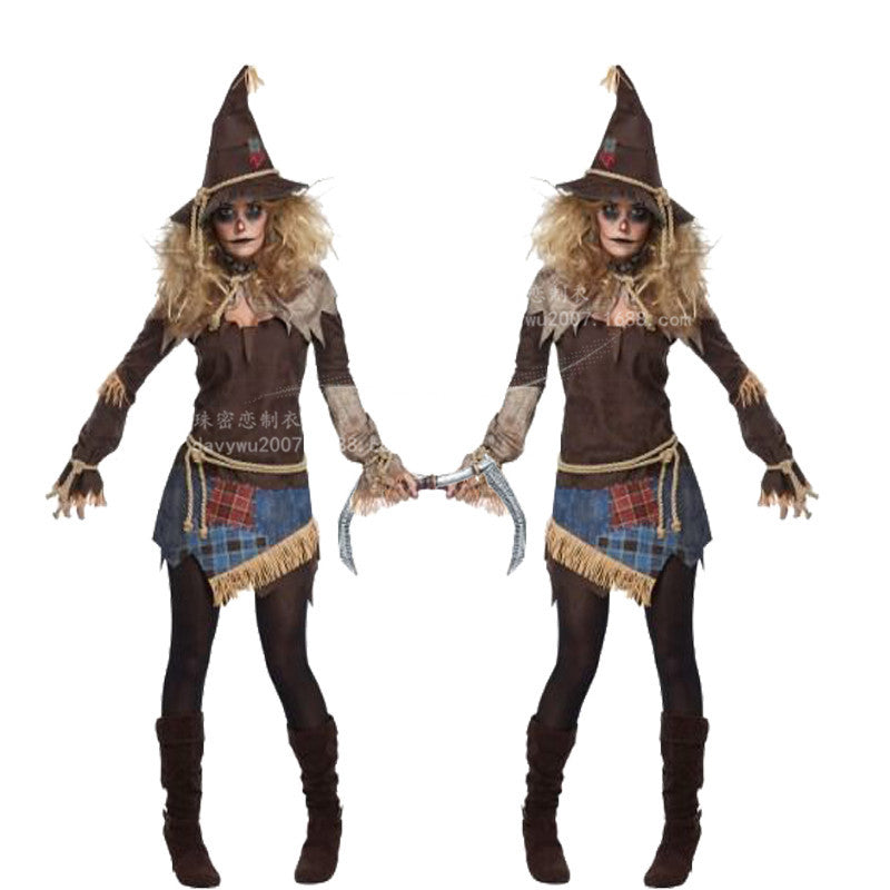 Women's Scarecrow Halloween Costume Set – Tattered Brown Top, Plaid Mini Skirt, Rope Belt & Pointed Hat | S–L
