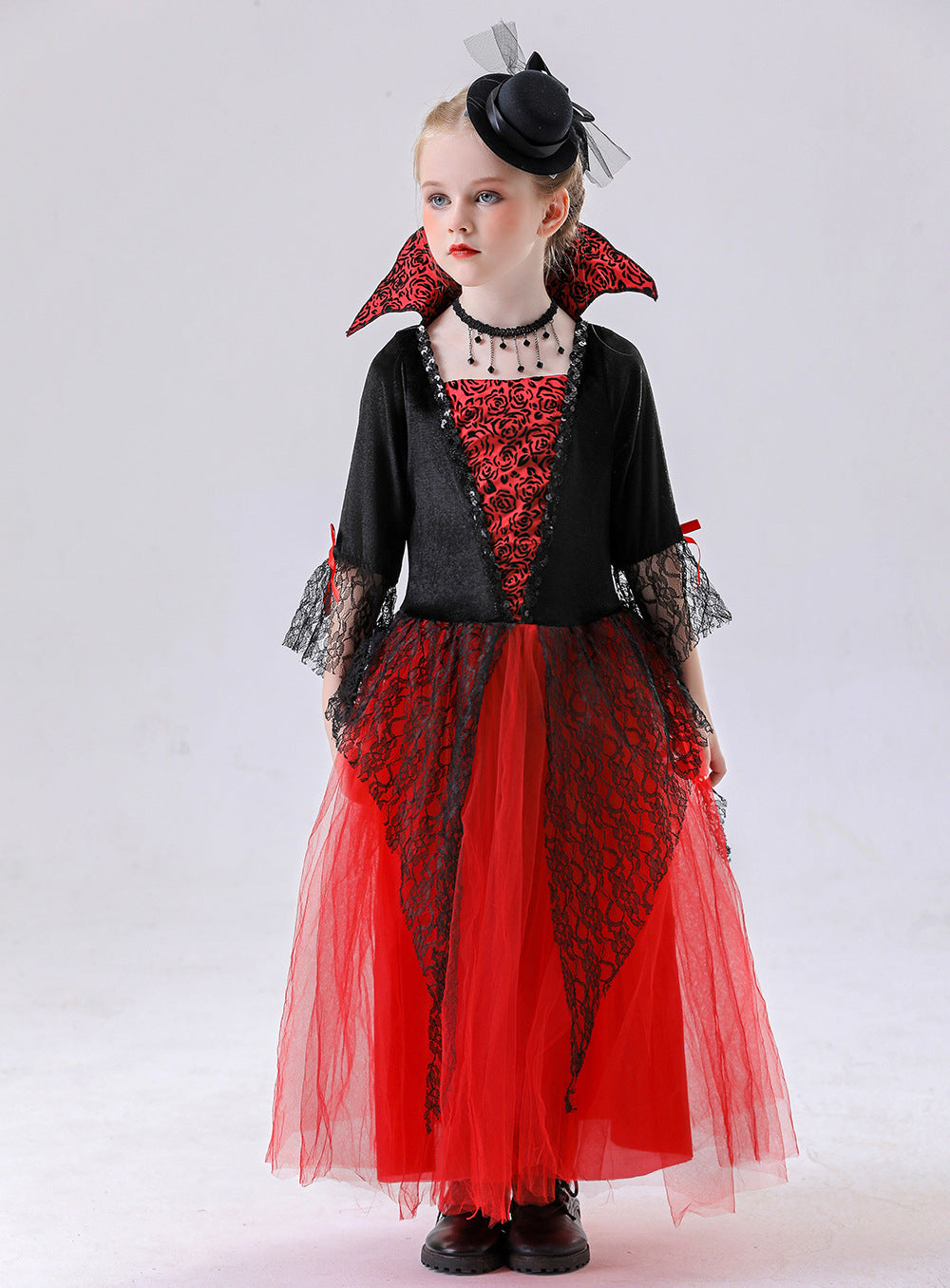 Girls' Gothic Vampire Queen Halloween Dress – 3 Styles | Red & Black Gown | Kids 120–150