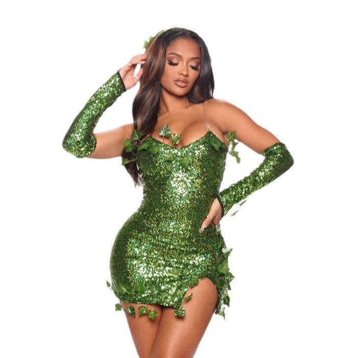 Green Sequin Leaf Dress – Sleeveless V-Neck High Waist | Mini or Maxi Length | Women's S–3XL