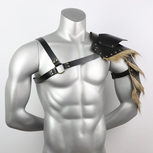 Medieval Viking Men's Feathered Single-Shoulder Armor Strap Cosplay Halloween Costume Prop
