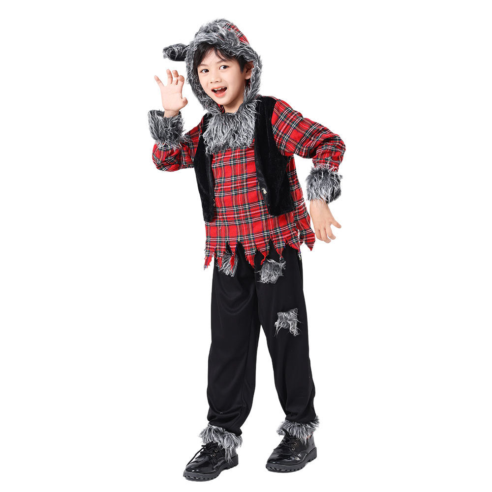 Kids' Werewolf Halloween Costume – Plaid Shirt & Pants with Faux Fur Trim | Unisex | Heights 105–145 cm