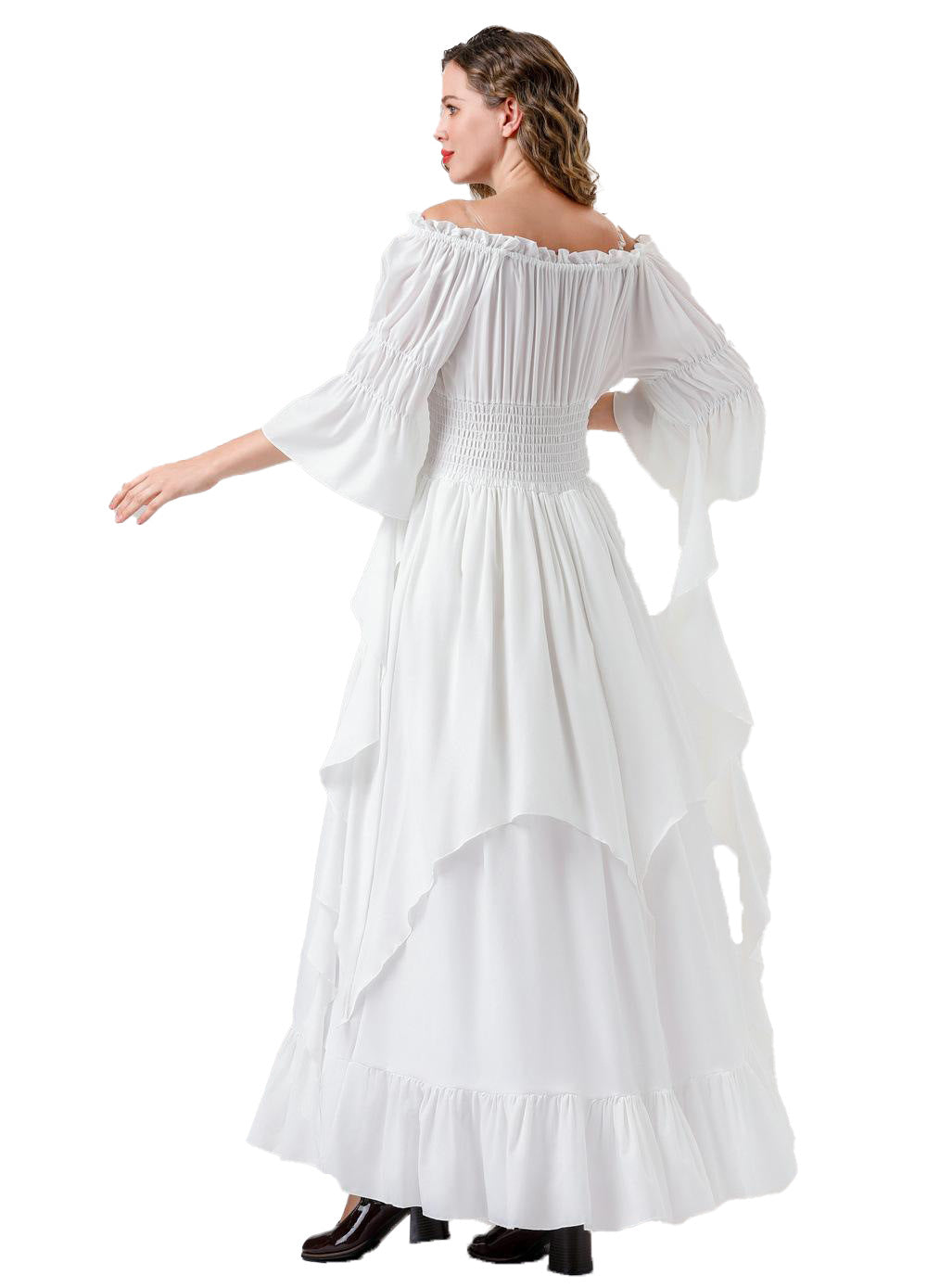 Medieval Renaissance Peasant Dress – Off-Shoulder Smocked Waist Hi-Lo Ruffle Gown | 9 Colors