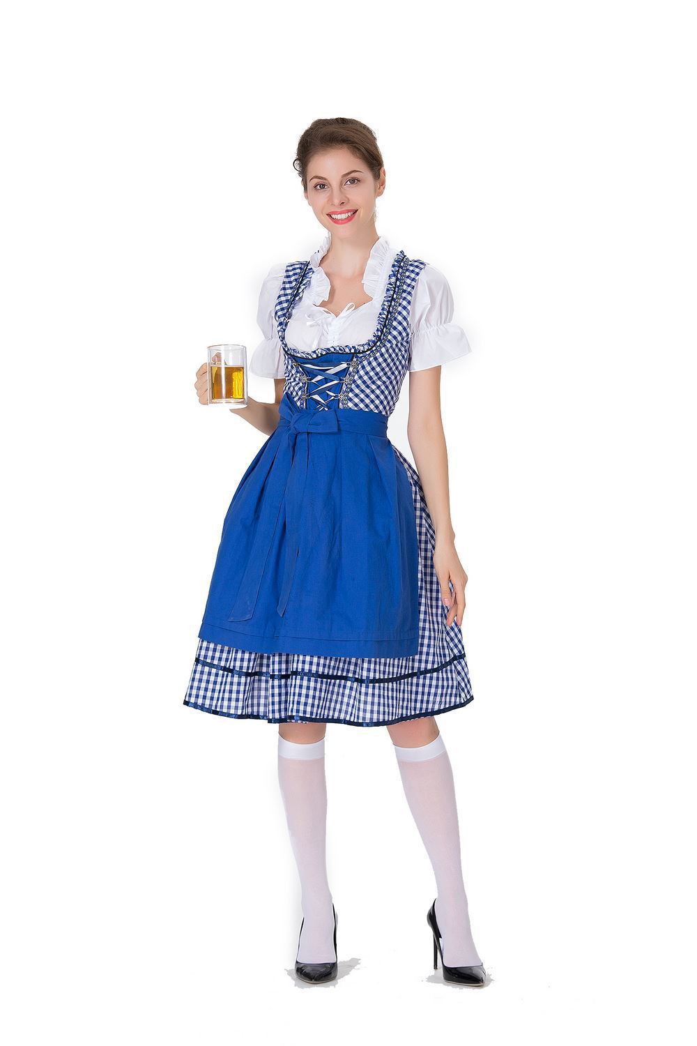 Women's German Oktoberfest Dirndl Costume – Plaid Dress, White Blouse & Apron | 3 Colors | S–3XL
