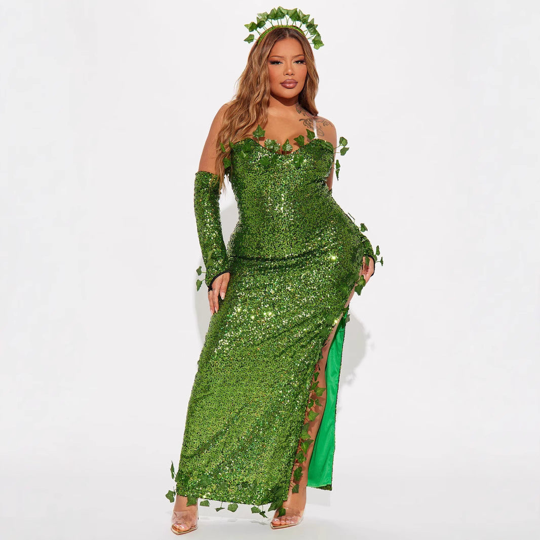 Green Sequin Leaf Dress – Sleeveless V-Neck High Waist | Mini or Maxi Length | Women's S–3XL