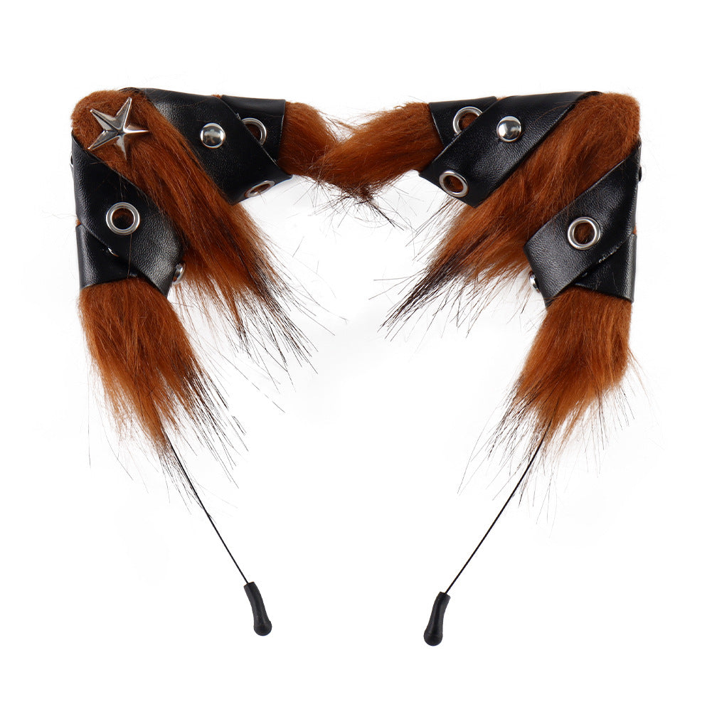 Halloween Animal Ears Headband Punk Style Leather Hair Accessory Cosplay Cat Ears Headband for Party