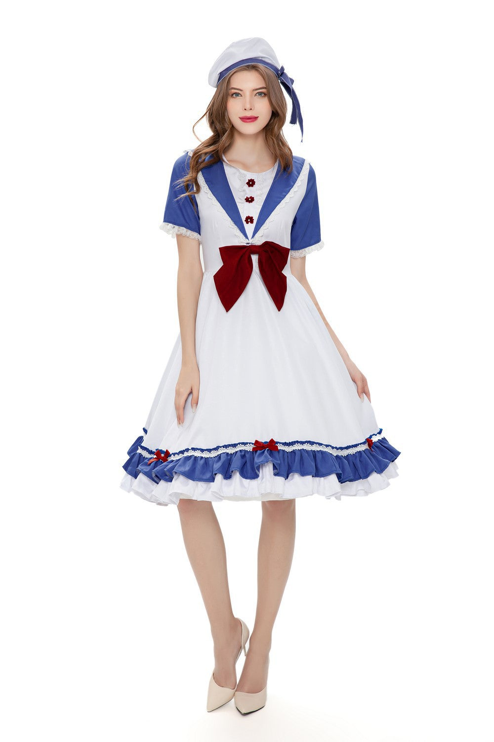 Women's Alice in Wonderland Lolita Cosplay Dress Set – White & Blue Sailor Collar Midi Dress with Ruffle Hem & Beret Hat | S–XL