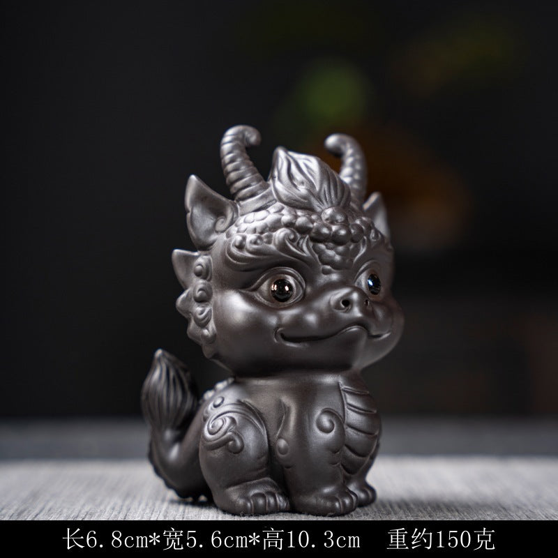 Purple Sand Wealth-Bringing Collectible Dual-Use Tea Table with Playful Zodiac Little Dragon Tea Pet Ornament