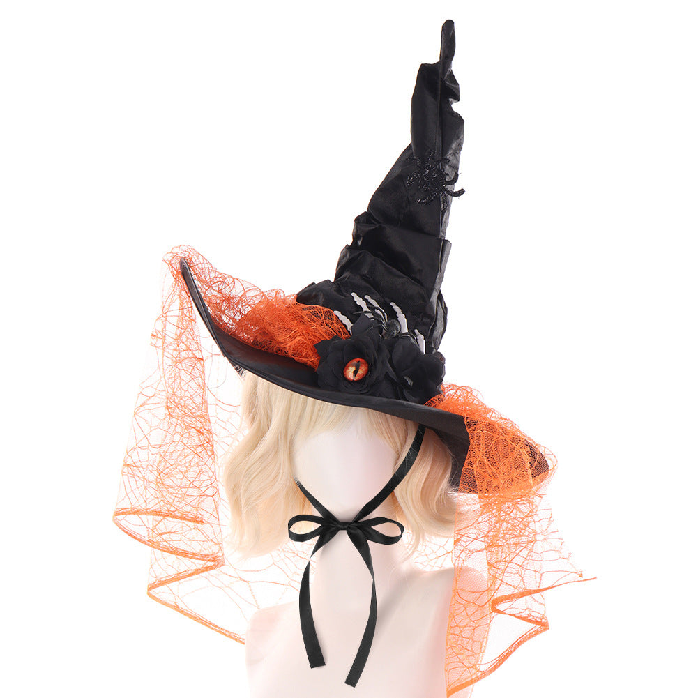 Halloween Ruffled Lace Witch Hat for Party, Costume Cosplay, Black Bone Decorated Wizard Hat