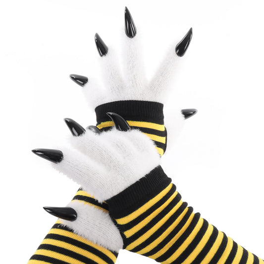 Kigurumi Claw Plush Gloves Striped Long Sleeve Gloves Warm Pointed Claw Design Cosplay Performance Props