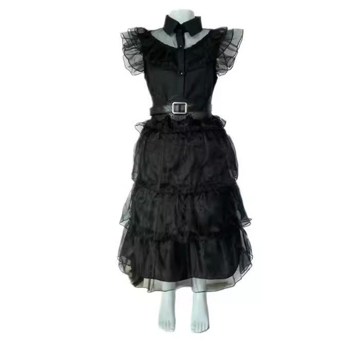 Kids' Wednesday Addams Ball Gown Costume – Black Tulle Dress with Belt | Ages 4–10 | 3 Styles