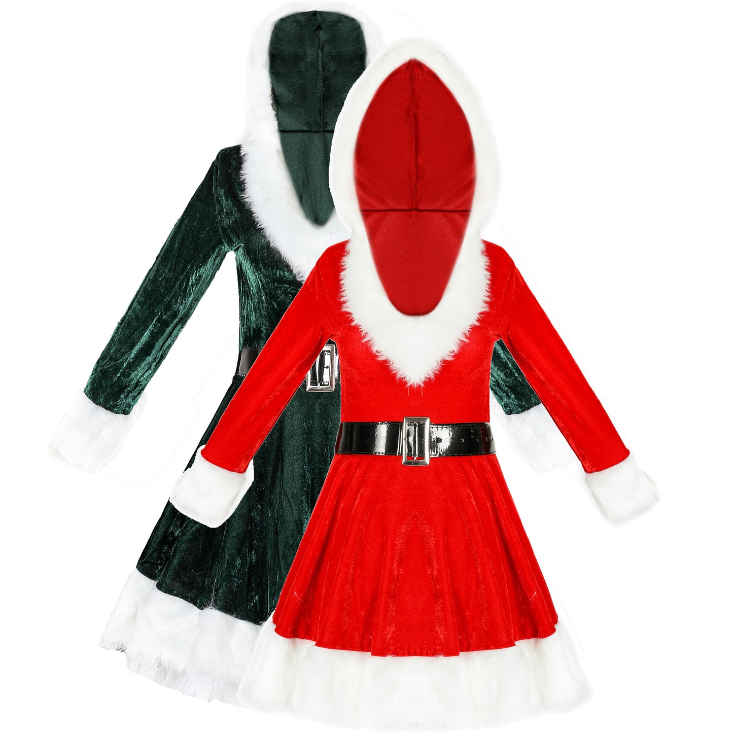 Women's Velvet Christmas Mini Dress Set – Long Sleeve with Santa Hat & Belt | Red & Green | S–2XL