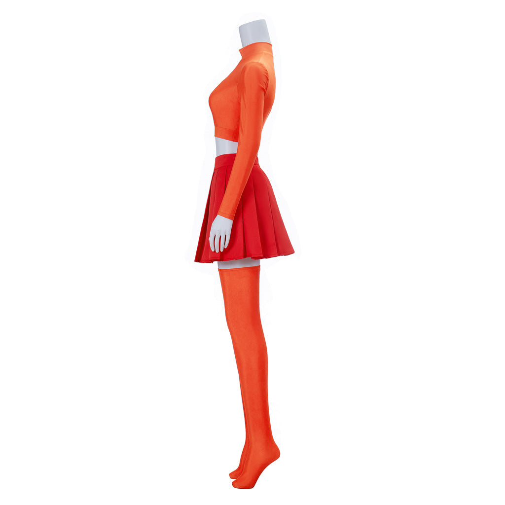 Velma Dinkley Cosplay Costume – Scooby-Doo | Orange Crop Top, Red Pleated Skirt & Orange Tights | XS–3XL