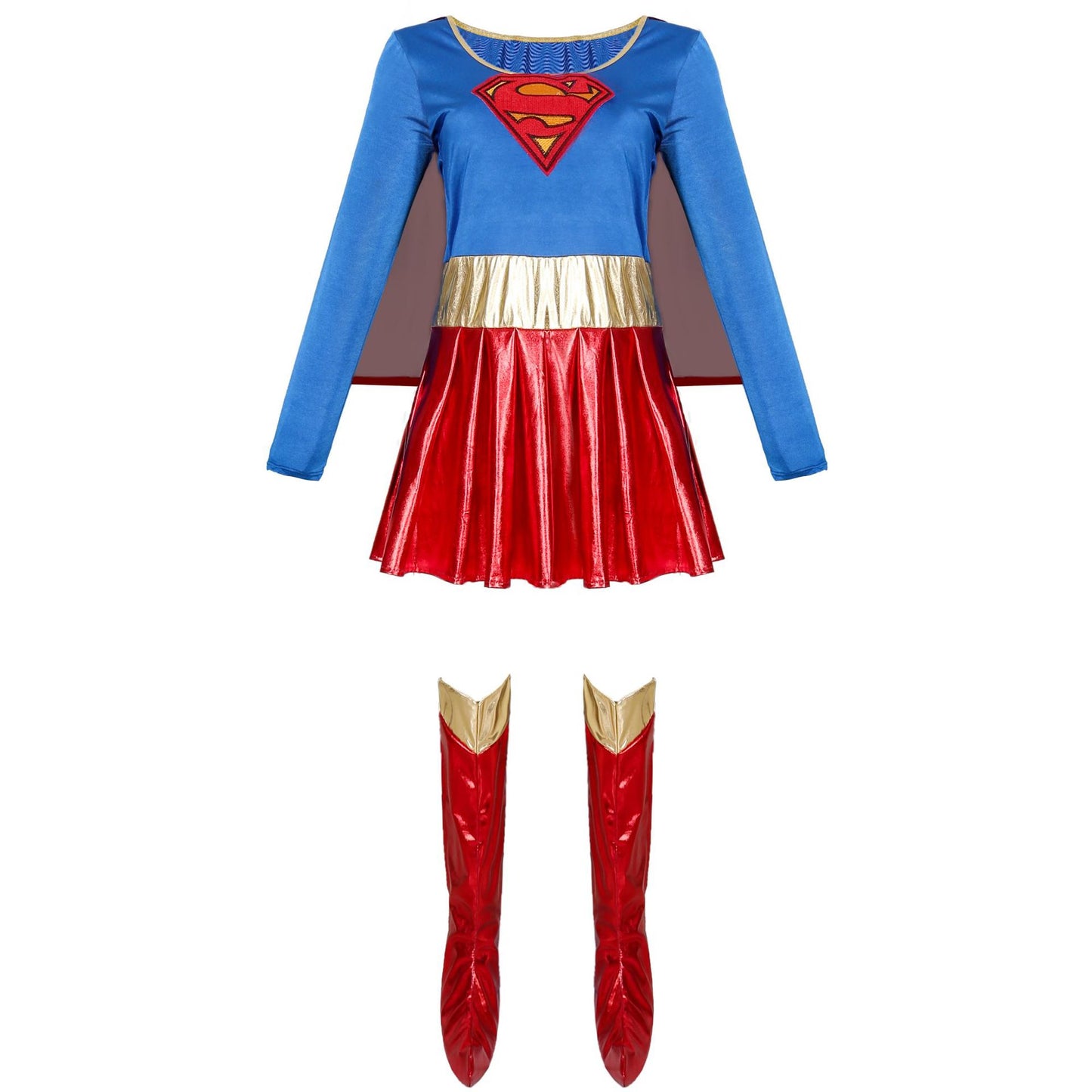 Supergirl Halloween Costume – Blue Top, Metallic Red Skirt, Cape & Boot Covers | Women's M–2XL