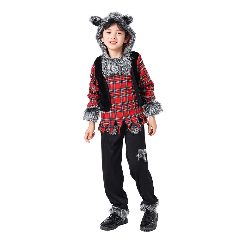 Kids' Werewolf Halloween Costume – Plaid Shirt & Pants with Faux Fur Trim | Unisex | Heights 105–145 cm