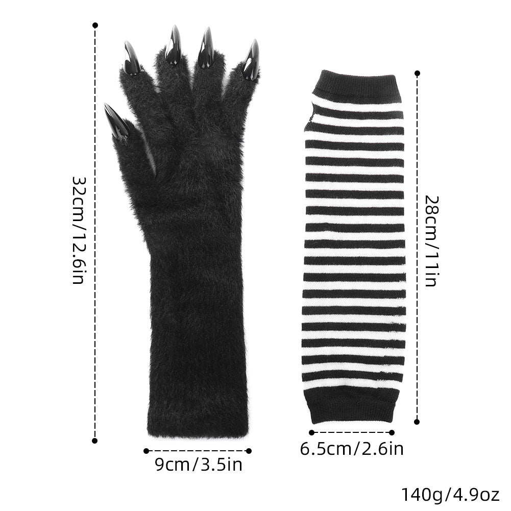 Kigurumi Claw Plush Gloves Striped Long Sleeve Gloves Warm Pointed Claw Design Cosplay Performance Props