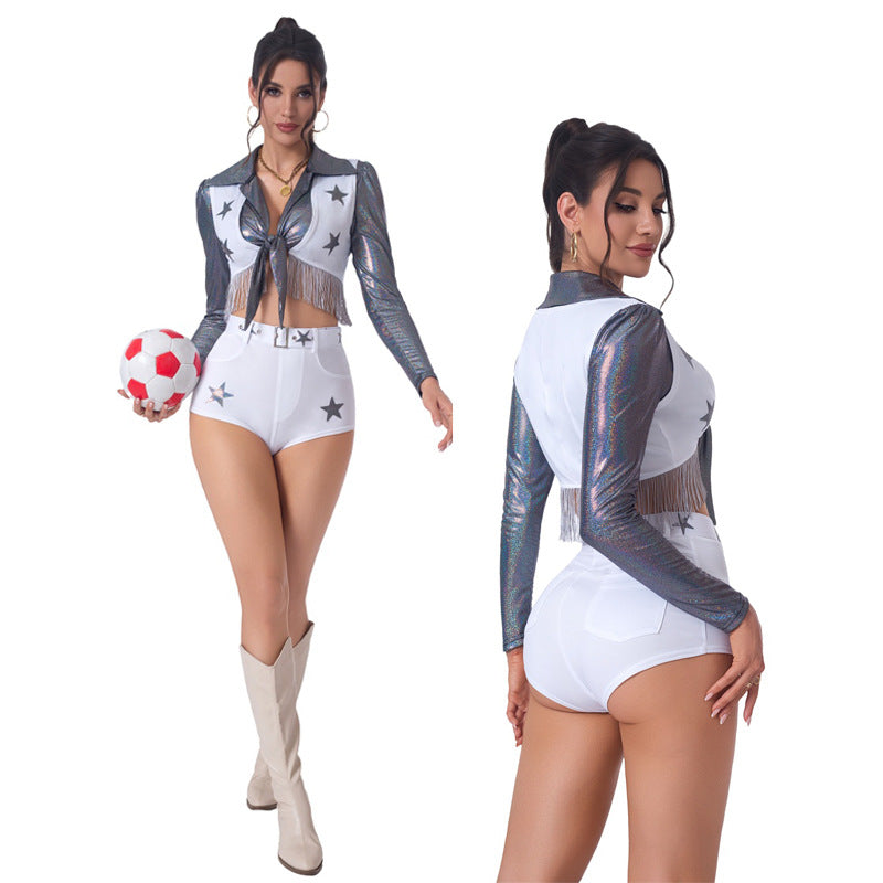 Women's Sexy Cheerleader Halloween Costume – Star Print Crop Jacket & Shorts Set | 4 Styles | M–XL