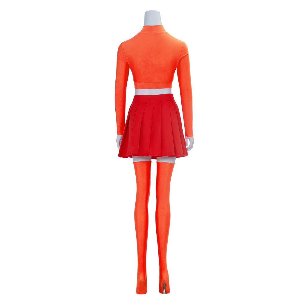 Velma Dinkley Cosplay Costume – Scooby-Doo | Orange Crop Top, Red Pleated Skirt & Orange Tights | XS–3XL