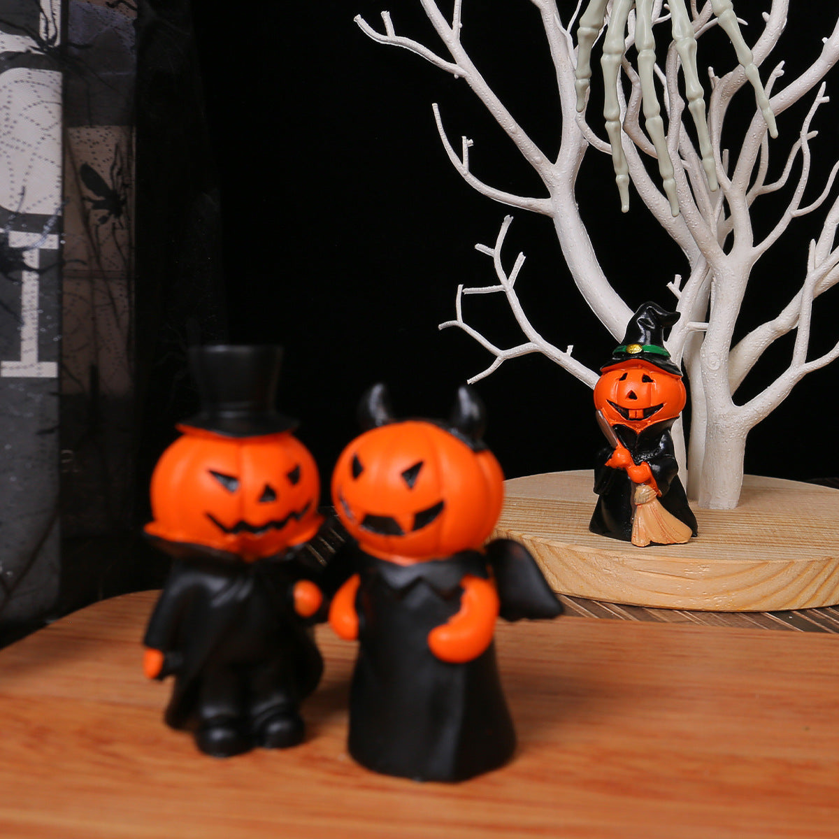 Halloween Mini Pumpkin Devil Gentleman Figurine Set Home Party Desk Resin Craft DecorationSet of Three