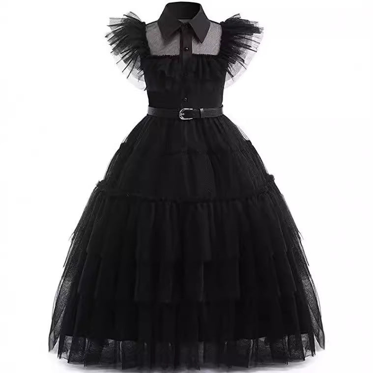 Kids' Wednesday Addams Ball Gown Costume – Black Tulle Dress with Belt | Ages 4–10 | 3 Styles