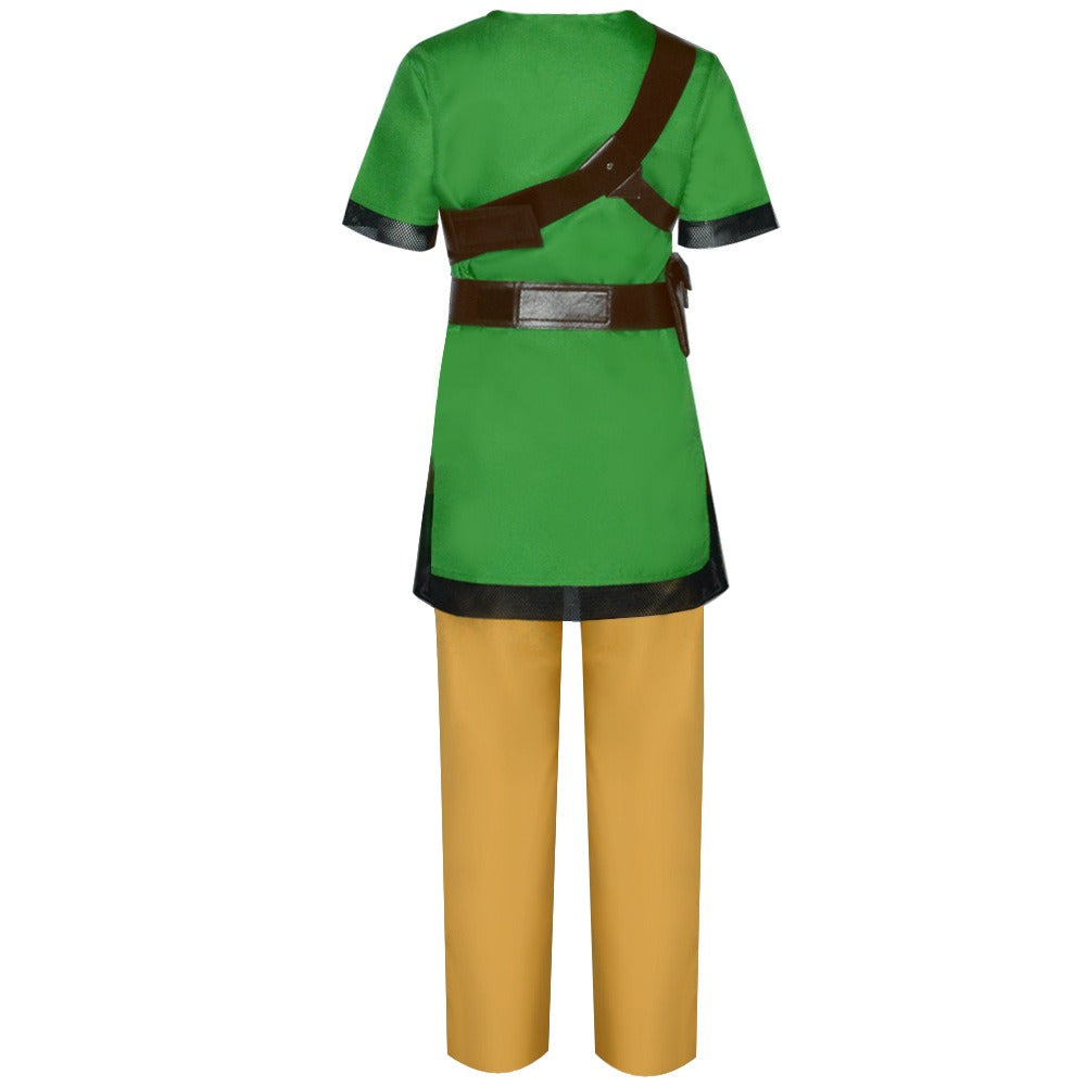 Link Cosplay Costume – The Legend of Zelda: Skyward Sword | Green Tunic, Tan Trousers, Brown Leather Strap, Belt & Elf Hat | XS–3XL