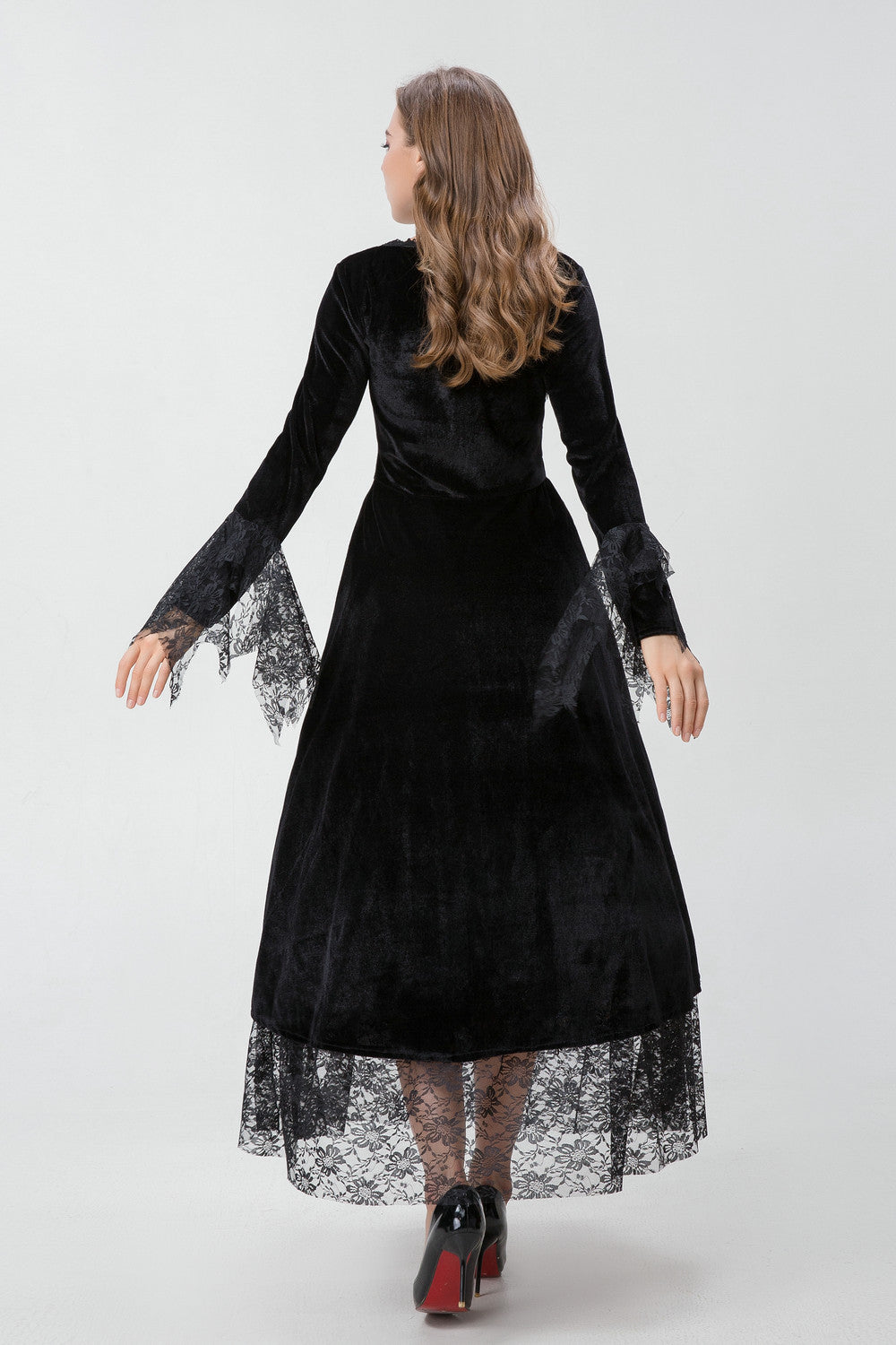 Women's Gothic Vampire Queen Halloween Gown – Burgundy Satin & Black Velvet Lace Dress with Choker | S–XL