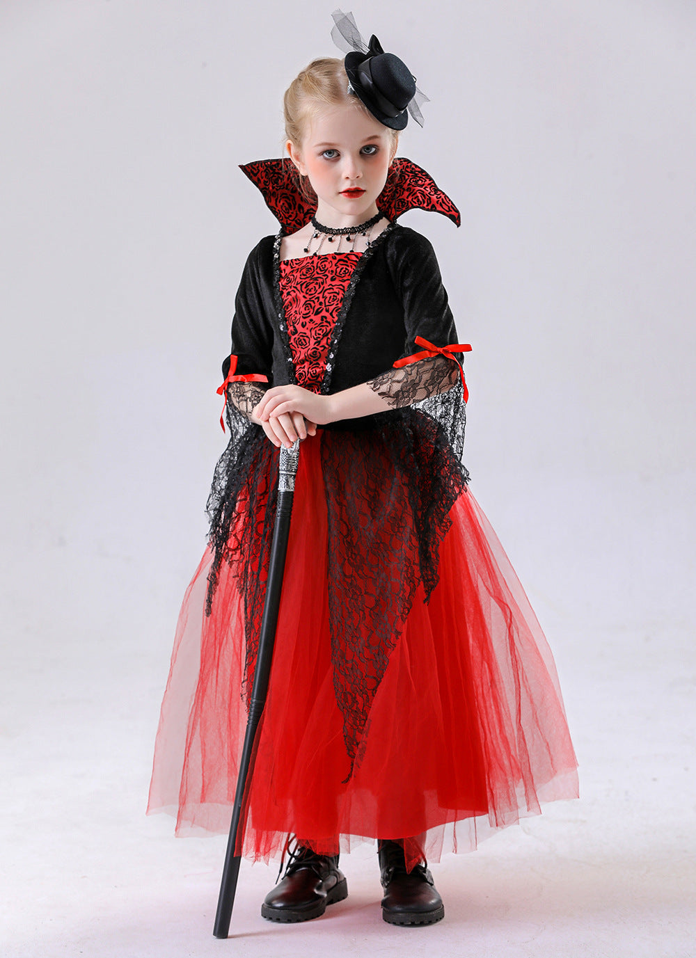 Girls' Gothic Vampire Queen Halloween Dress – 3 Styles | Red & Black Gown | Kids 120–150