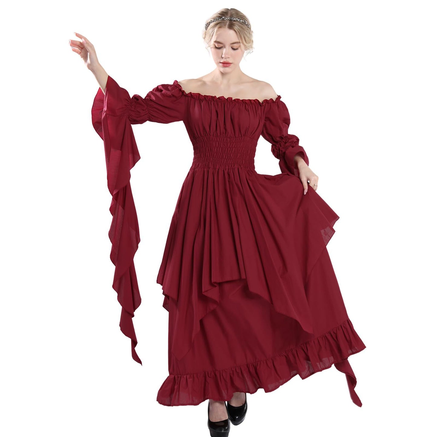 Medieval Renaissance Peasant Dress – Off-Shoulder Smocked Waist Hi-Lo Ruffle Gown | 9 Colors