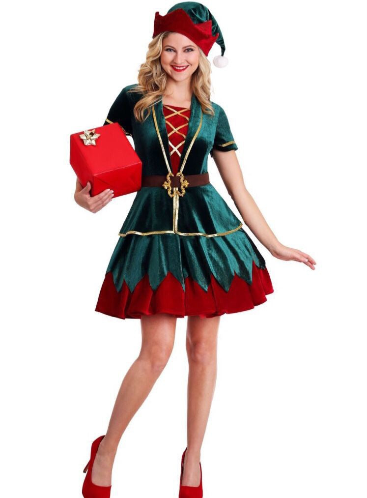 Christmas Elf Costume Set – Green & Red Velvet Elf Dress or Pants Set with Elf Hat & Belt | M–XL