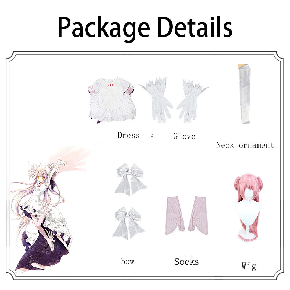 Madoka Kaname Goddess Cosplay Costume – Puella Magi Madoka Magica | White & Purple Ruffle Dress with Angel Wings | XS–3XL